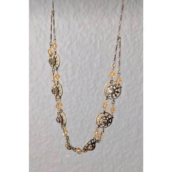 Liz Palacios Brass Crystal Necklace Round Pendant Sunburst Art Deco Flower 16” - Picture 1 of 11